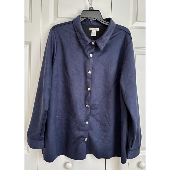 HASTING & SMITH WOMENS SHIRT PLUS SIZE 2X BUTTON DOWN LONG SLEEVE NAVY SHACKET - Picture 2 of 7